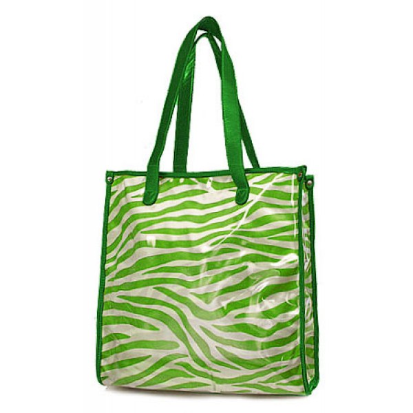 Clear PVC Shopping Bag w/ Zebra Print Inner Bag - Green - BG-C956GN