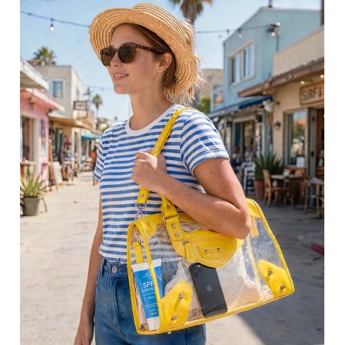 Handbags Wholesale - Clear PVC Tote Bag w/ Croc Embossed Patent Leather-like Trim - Mustard