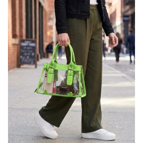 Handbags Wholesale - Clear PVC Tote Bag w/ Croc Embossed Patent Leather-like Trim - Green