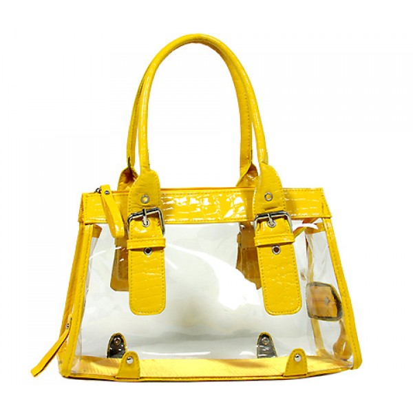 Clear PVC Tote Bag w/ Croc Embossed Patent Leather-like Trim - Mustard  - BG-CLR002MUS