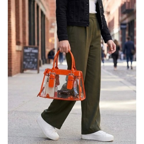 Handbags Wholesale - Clear PVC Tote Bag w/ Croc Embossed Patent Leather-like Trim - Orange