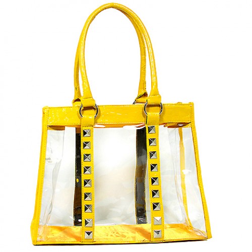 Clear PVC Tote Bag - Croc Embossed Patent Leather-like Trim w/ Pyramid Studs - Mustard - BG-CLR003MUS