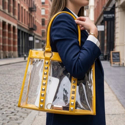 Clear PVC Tote Bag - Croc Embossed Patent Leather-like Trim w/ Pyramid Studs - Mustard - BG-CLR003MUS