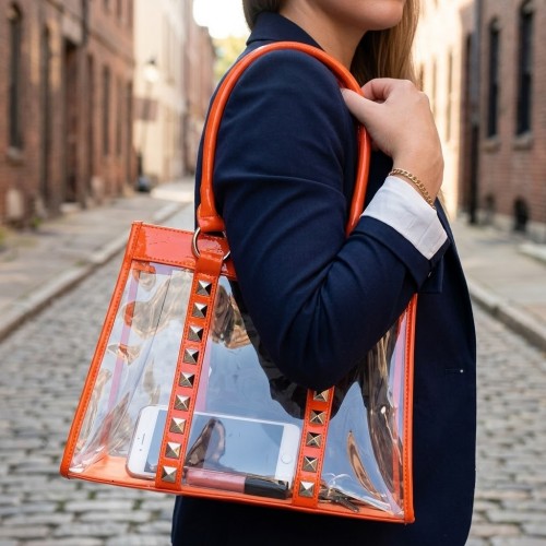 Clear PVC Tote Bag - Croc Embossed Patent Leather-like Trim w/ Pyramid Studs - Orange - BG-CLR003OG