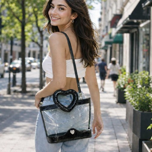 Clear PVC Satchel - Croc Embossed Patent Leather-like Trim w/ Open Heart Shape Handles - Black - BG-CLR004BK