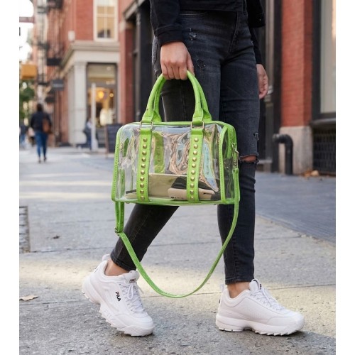 Clear PVC Duffel - Croc Embossed Patent Leather-like Trim w/ Pyramid Studs - Green - BG-CLR005GN