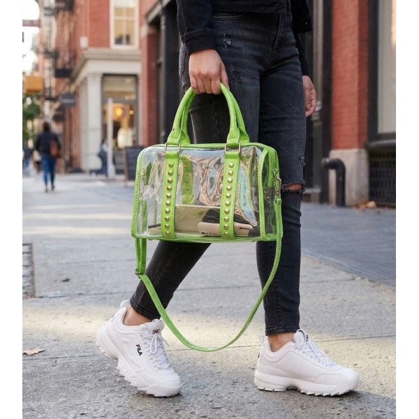 Clear PVC Duffel - Croc Embossed Patent Leather-like Trim w/ Pyramid Studs - Green - BG-CLR005GN