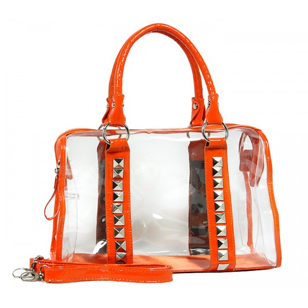Clear PVC Duffel - Croc Embossed Patent Leather-like Trim w/ Pyramid Studs - Orange - BG-CLR005OG