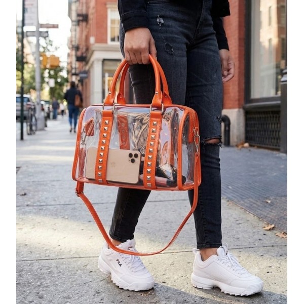 Clear PVC Duffel - Croc Embossed Patent Leather-like Trim w/ Pyramid Studs - Orange - BG-CLR005OG