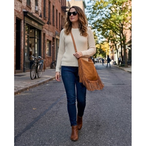 Hobo Bag w/ Genuine Leather Fringes - Tan - BG-A4111TN