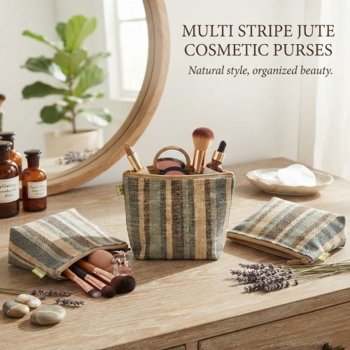 Jute Cosmetic Purses: Multi Stripes - CM-JTP107