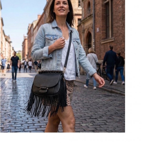 Messenger Bag w/ Genuine Leather Fringes - Black - BG-A43810BK