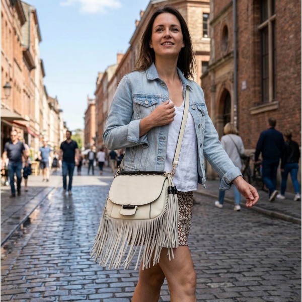 Messenger Bag w/ Genuine Leather Fringes - Bone - BG-A43810BONE