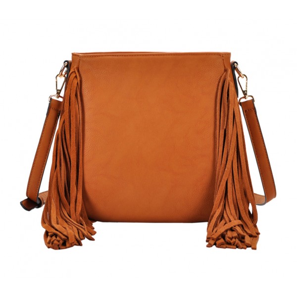 Messenger Bag w/ Genuine Leather Fringes - Tan - BG-A43819TN