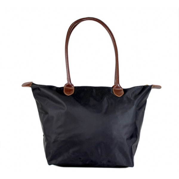 Nylon Medium Shopping Tote w/ Leather Like Handles - Black - BG-HD1641BK
