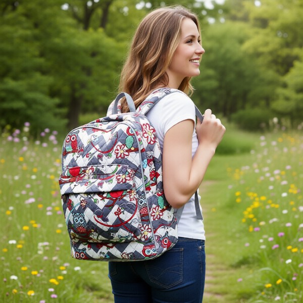 Quilted Cotton Backpack - Owl & Chevron Printed - Grey - BG-OW402GY