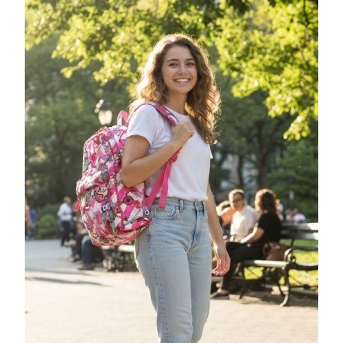 Quilted Cotton Backpack - Owl & Chevron Printed - Pink - BG-OW402PK