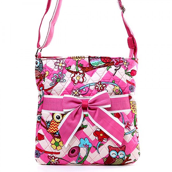 Quilted Cotton Messenger Bag - Owl & Chevron Printed - Pink - BG-OW501PK