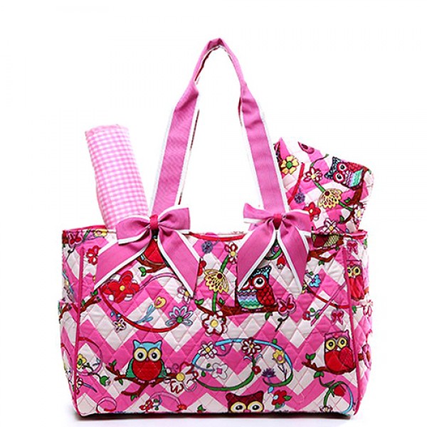 Quilted Cotton Diaper Bag - Owl & Chevron Printed - Pink - BG-OW603PK