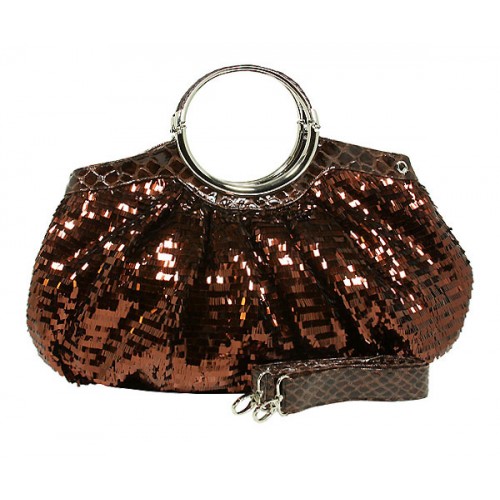 Designer Sequined Satchel Handbags w/ Metal Loop Handle - Coffee - BG-A26COF