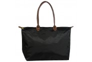 Nylon Large Shopping Tote w/ Leather Like Handles - Black -BG-HD1293BK