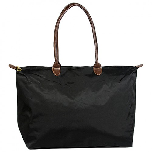 Nylon Large Shopping Tote w/ Leather Like Handles - Black - BG-HD1293BK