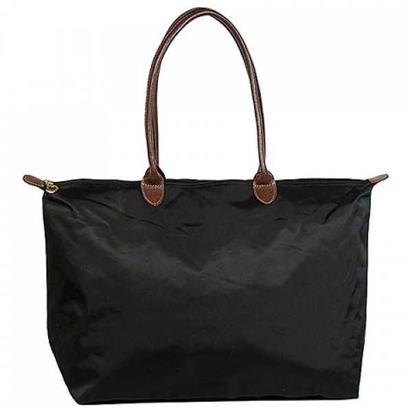 Nylon Large Shopping Tote w/ Leather Like Handles - Black - BG-HD1293BK