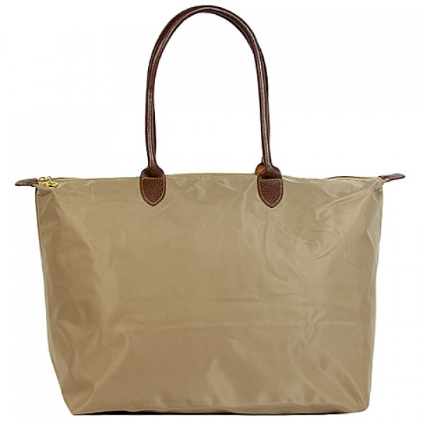 Nylon Large Shopping Tote w/ Leather Like Handles - Taupe - BG-HD1293TP