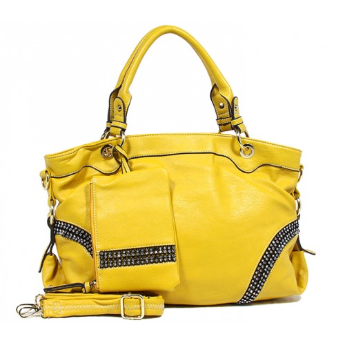 Kippy Group - Leather-like Tote w/ Linear Clear Stones - Yellow -BG-S0084YL