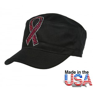 Military Cap  w/ Jeweled Breast Cancer Awareness Sign - Black - HT-C7005BK