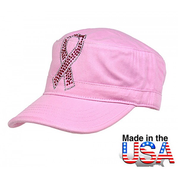 Military Cap  w/ Jeweled Breast Cancer Awareness Sign - Pink - HT-C7005PK