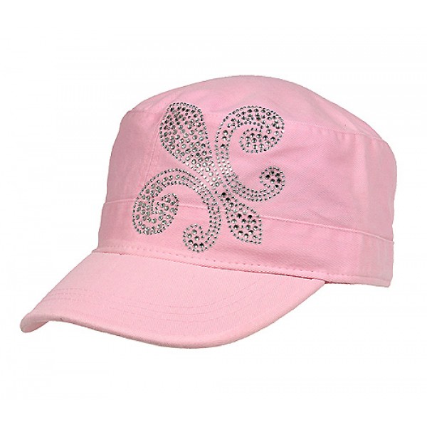 Military Cap w/ Jeweled Rhinestones Fleur de Lis Sign - Pink - HT-C7018A-PK