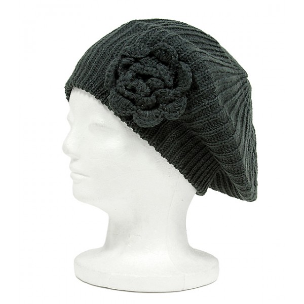 Cap - Knitted Beret w/ Floral Design - Dark Gray - HT-H1275F-DGY