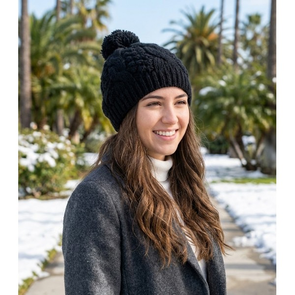 Cap - Knitted Beanie w/ Pom Pom - Black - HT-H1282BK