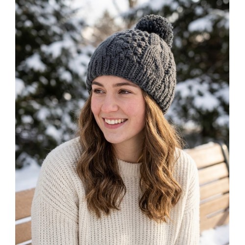 Cap - Knitted Beanie w/ Pom Pom - Dark Gray - HT-H1282DGY