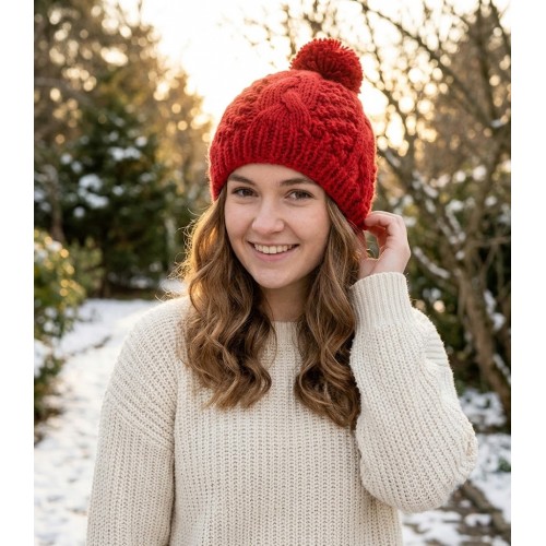 Cap - Knitted Beanie Caps w/ Pom Pom  - Red -  HT-H1282RD