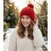Cap - Knitted Beanie Caps w/ Pom Pom  - Red -  HT-H1282RD