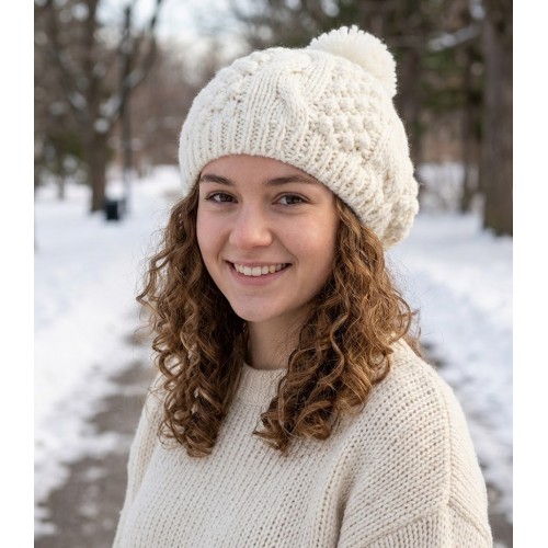 Cap - Knitted Beanie w/ Pom Pom - White - HT-H1282WT
