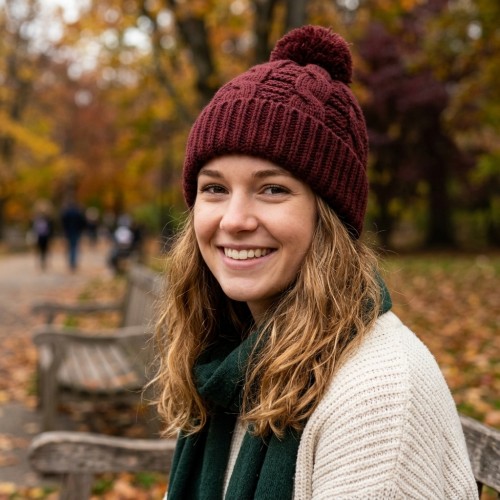 Cap - Knitted Beanie w/ Pom Pom - Burgundy - HT-H1285BG