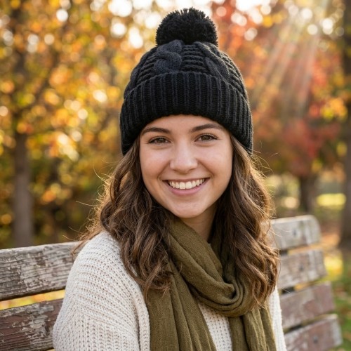 Cap - Knitted Beanie w/ Pom Pom - Black - HT-H1285BK