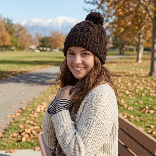 Cap - Knitted Beanie w/ Pom Pom - Brown - HT-H1285BR
