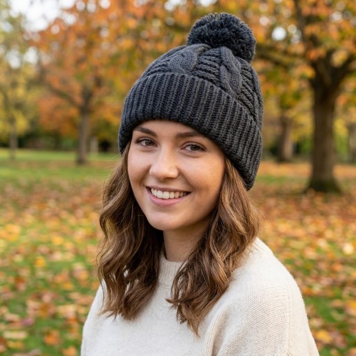 Cap - Knitted Beanie w/ Pom Pom - Dark Gray - HT-H1285DGY