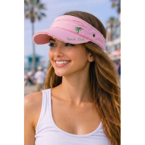 Visor - Cotton Will W/Frayed Design and Embroidery Pam Tree - Pink Color - HT-4067PK