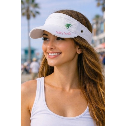 Visor - Cotton Will W/Frayed Design and Embroidery Pam Tree - White Color - HT-4067WT
