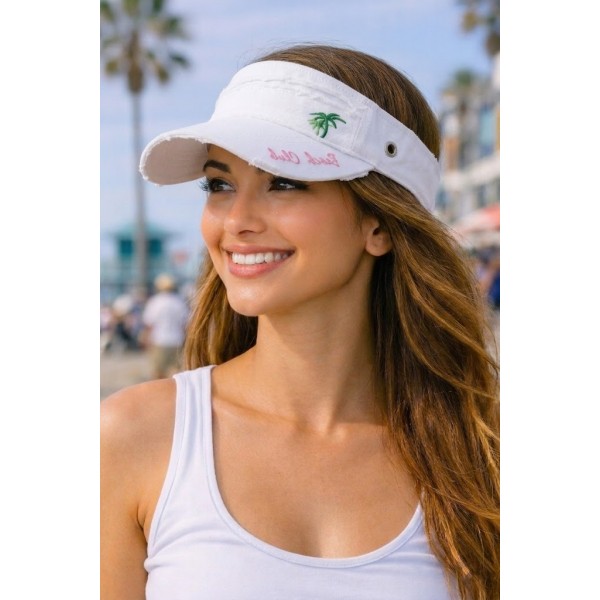 Visor - Cotton Will W/Frayed Design and Embroidery Pam Tree - White Color - HT-4067WT