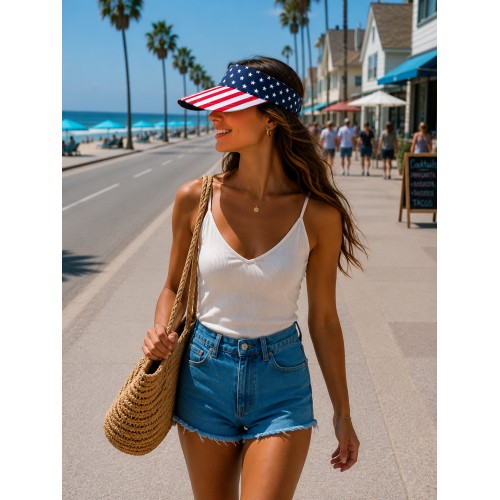 Visor Caps: USA Flag Print Cotton Twill - HT-4024