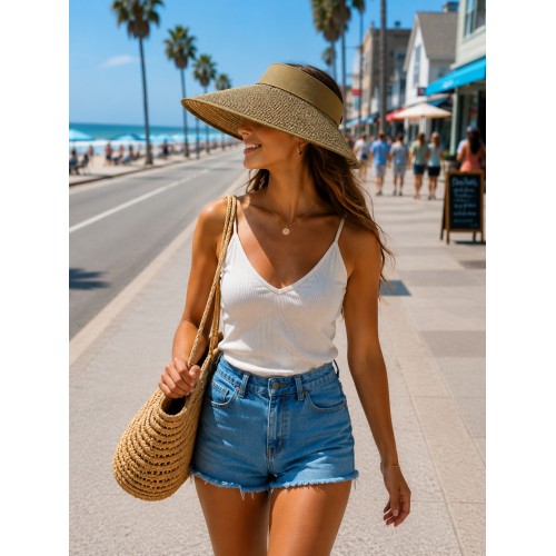 The Lady's Packable Straw Sun Visor - Adjustable - 3.5 Inches - Brown - HT-ST159BN