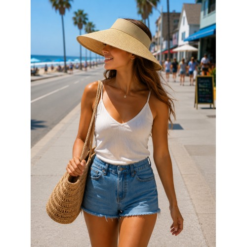 The Lady's Packable Straw Sun Visor - Adjustable - 3.5 Inches - Natural - HT-ST159NT
