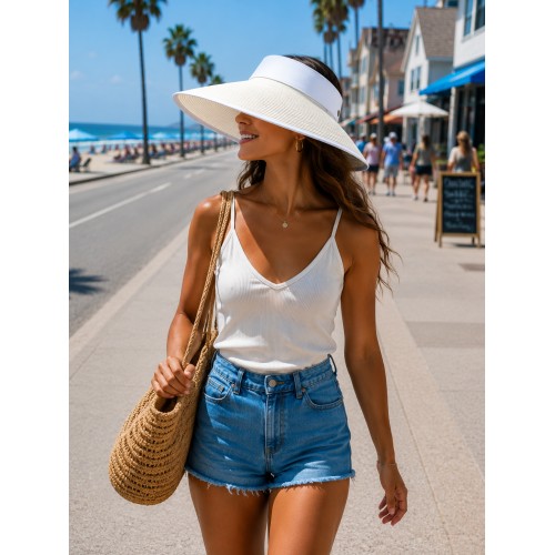 The Lady's Packable Straw Sun Visor - Adjustable - 3.5 Inches - White - HT-ST159WT