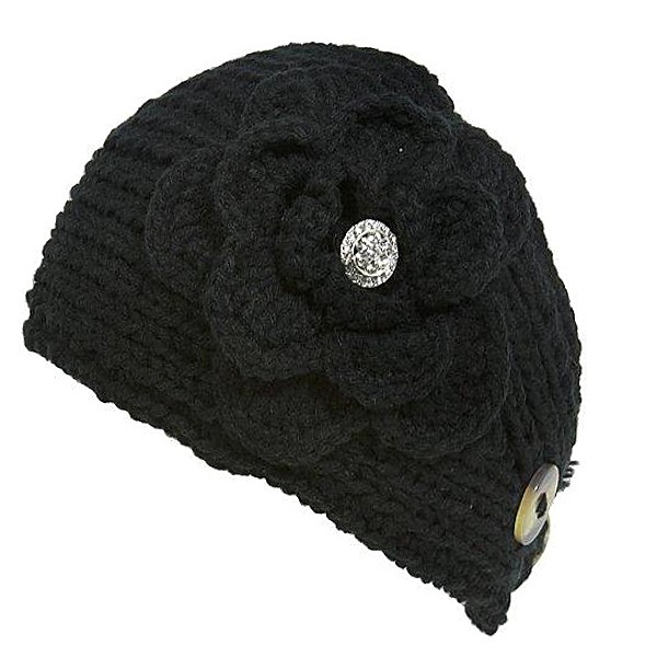 Headwraps / Neck Warmer : Crochet w/ Rhinestone Button - Black Color - HB-15-1ST-BK
